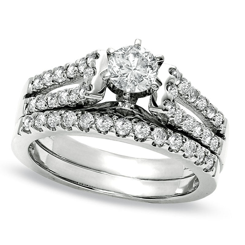 1.25 CT. T.W. Natural Diamond Split Shank Bridal Engagement Ring Set in Solid 14K White Gold