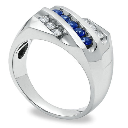Men's 0.50 CT. T.W. Natural Diamond and Blue Sapphire Slant Band in Solid 14K White Gold