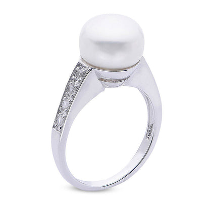 10.0 - 10.5mm Button Cultured Freshwater Pearl and White Topaz Ring in Sterling Silver