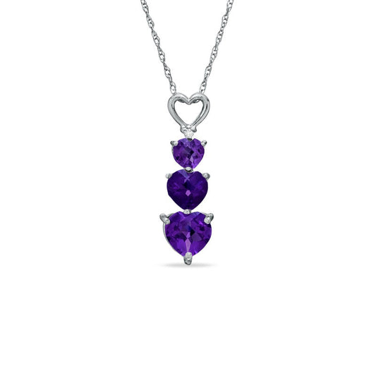 Heart-Shaped Amethyst and Natural Diamond Accent Three Heart Pendant in 10K White Gold