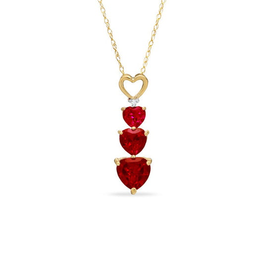 Heart-Shaped Lab-Created Ruby and Diamond Accent Three Heart Pendant in 10K Yellow Gold