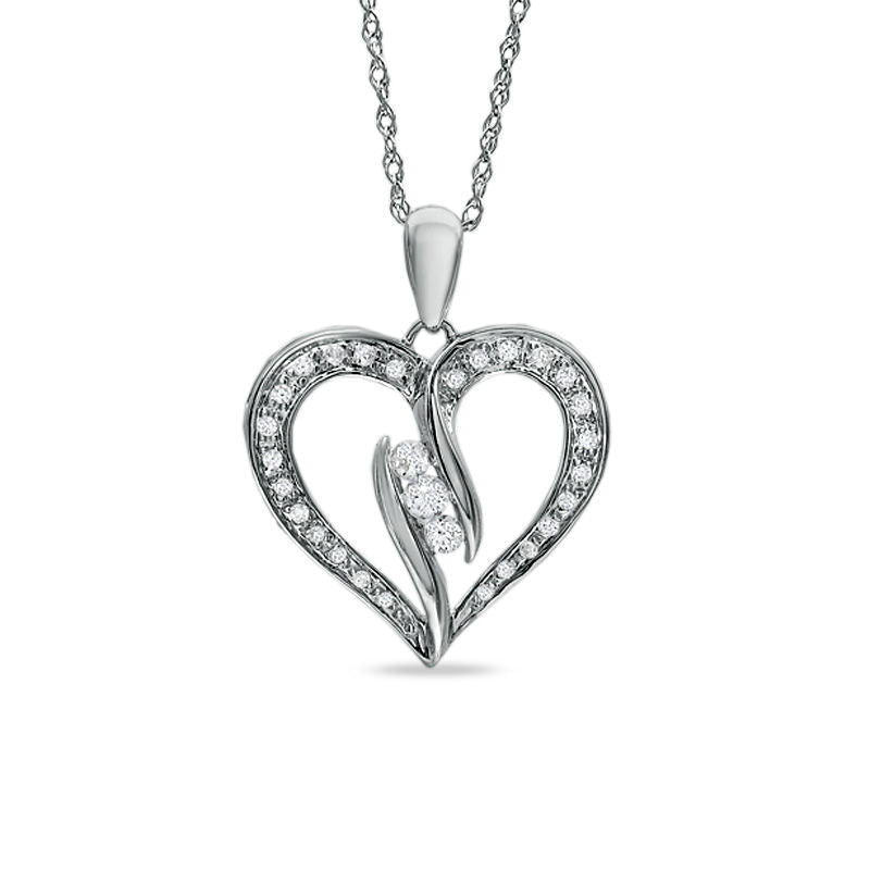 0.25 CT. T.W. Natural Diamond Three Stone Bypass Heart Pendant in Sterling Silver