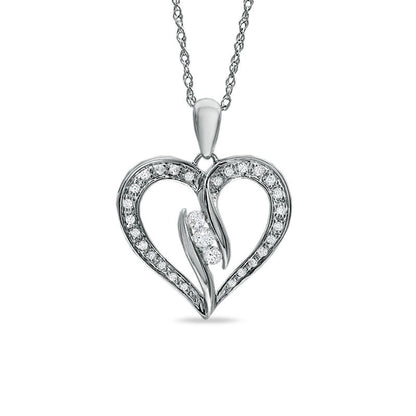0.25 CT. T.W. Natural Diamond Three Stone Bypass Heart Pendant in Sterling Silver