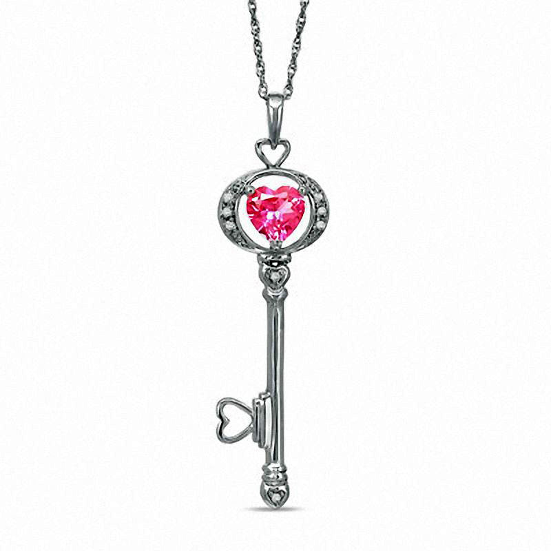Lab-Created Pink Sapphire and Diamond Key Pendant in Sterling Silver