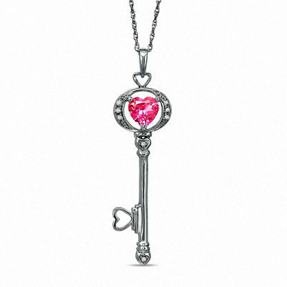 Lab-Created Pink Sapphire and Diamond Key Pendant in Sterling Silver