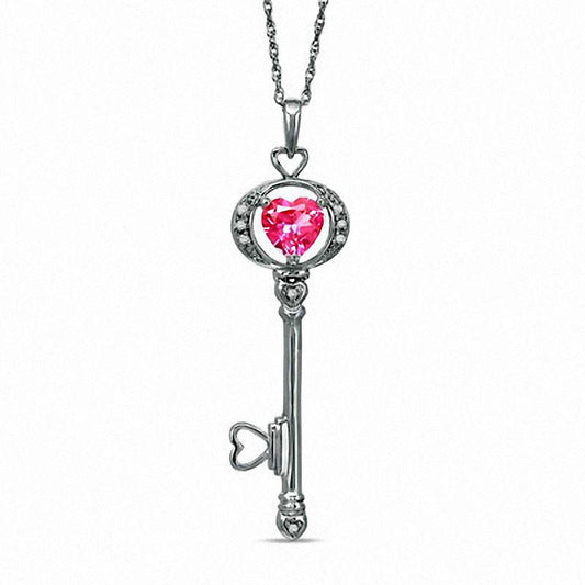 Lab-Created Pink Sapphire and Diamond Key Pendant in Sterling Silver