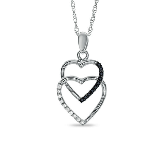 Enhanced Black and White Natural Diamond Accent Linked Heart Pendant in Sterling Silver