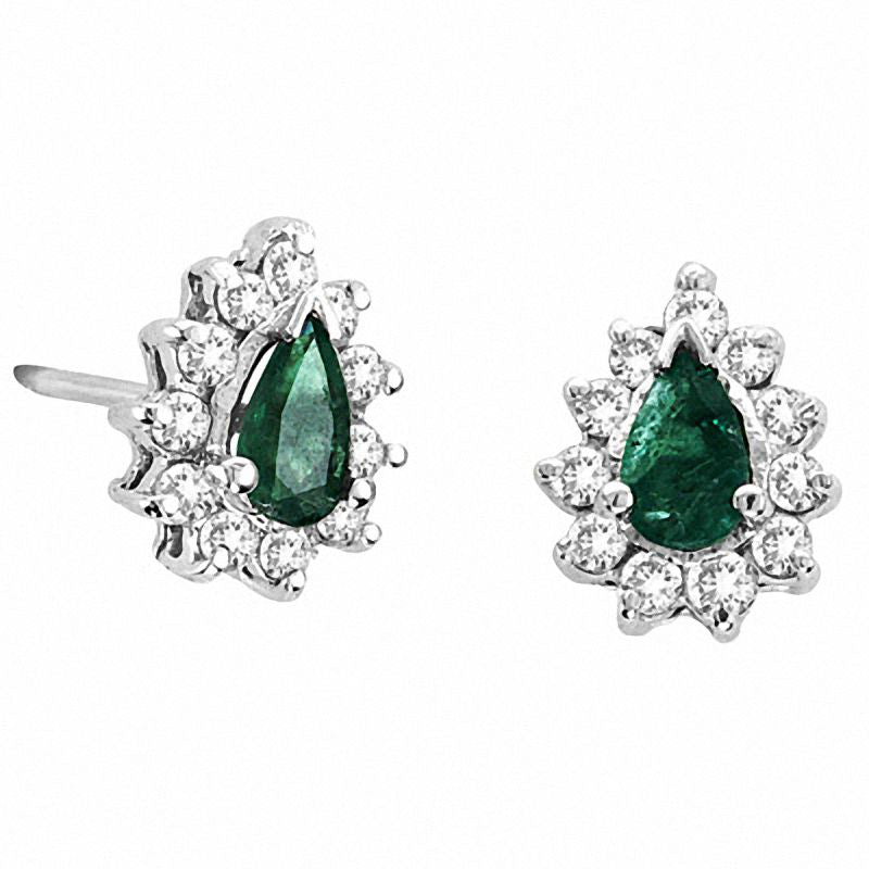 Pear-Shaped Emerald and 0.25 CT. T.W. Diamond Earrings in 14K White Gold