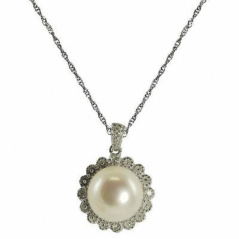 9.0 - 9.5mm Cultured Freshwater Pearl and Natural Diamond Accent Flower Frame Pendant in Sterling Silver