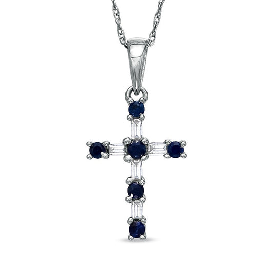 Blue Sapphire and 0.1 CT. T.W. Baguette Natural Diamond Cross Pendant in 10K White Gold
