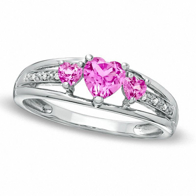Heart-Shaped Lab-Created Pink Sapphire Three Stone and Diamond Accent Ring in Sterling Silver