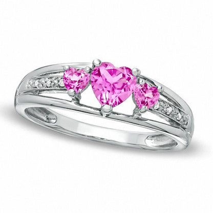 Heart-Shaped Lab-Created Pink Sapphire Three Stone and Diamond Accent Ring in Sterling Silver