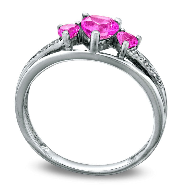 Heart-Shaped Lab-Created Pink Sapphire Three Stone and Diamond Accent Ring in Sterling Silver