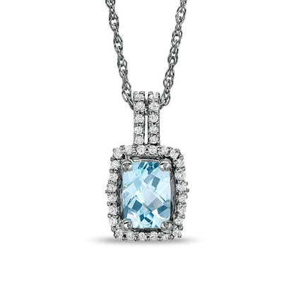 Cushion-Cut Aquamarine and White Topaz Framed Pendant in Sterling Silver