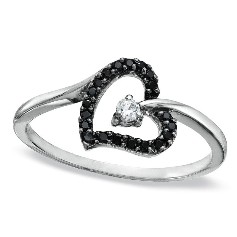 0.10 CT. T.W Enhanced Black and White Natural Diamond Tilted Heart Promise Ring in Solid 10K White Gold
