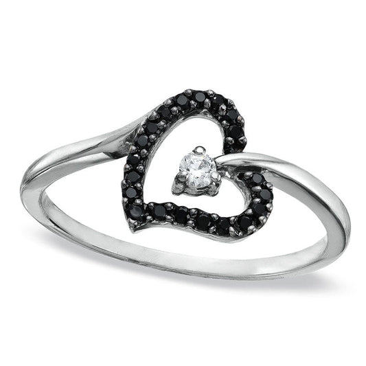 0.10 CT. T.W Enhanced Black and White Natural Diamond Tilted Heart Promise Ring in Solid 10K White Gold