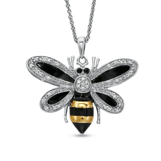 0.1 CT. T.W. Natural Diamond with Black and Yellow Enamel Bee Pendant in Sterling Silver