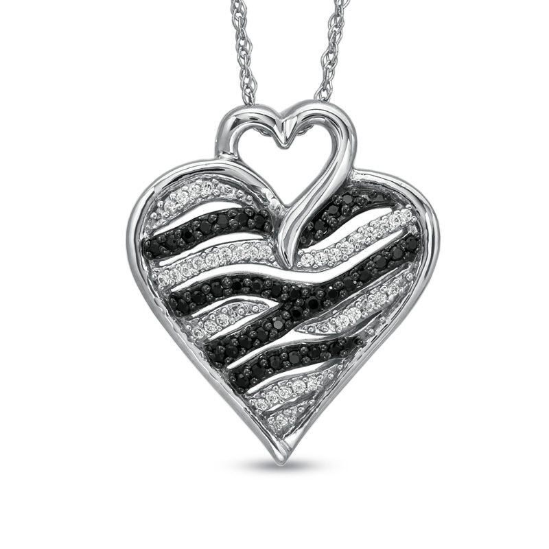 0.25 CT. T.W. Enhanced Black and White Natural Diamond Zebra Heart Pendant in Sterling Silver