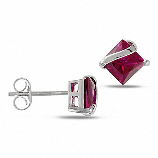 6.0mm Princess-Cut Lab-Created Ruby Swirl Stud Earrings in 10K White Gold