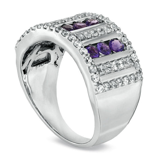 Amethyst and 0.63 CT. T.W. Natural Diamond Triple Row Ring in Sterling Silver