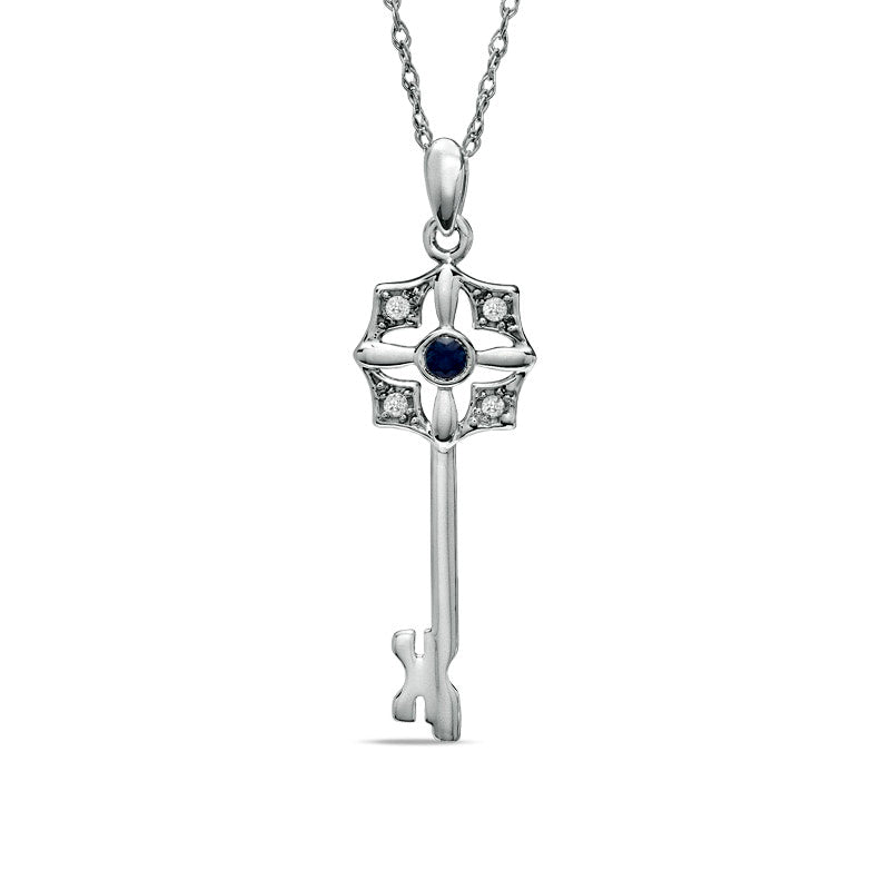 Blue Sapphire and 0.07 CT. T.W. Natural Diamond Key Pendant in Sterling Silver