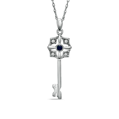 Blue Sapphire and 0.07 CT. T.W. Natural Diamond Key Pendant in Sterling Silver