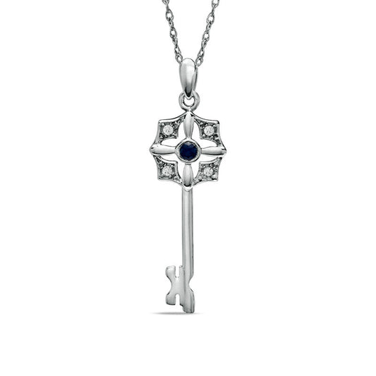 Blue Sapphire and 0.07 CT. T.W. Natural Diamond Key Pendant in Sterling Silver