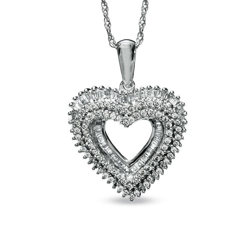 0.75 CT. T.W. Round and Baguette Natural Diamond Heart Pendant in Sterling Silver