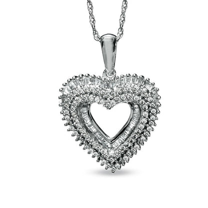 0.75 CT. T.W. Round and Baguette Natural Diamond Heart Pendant in Sterling Silver