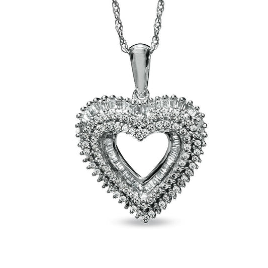 0.75 CT. T.W. Round and Baguette Natural Diamond Heart Pendant in Sterling Silver