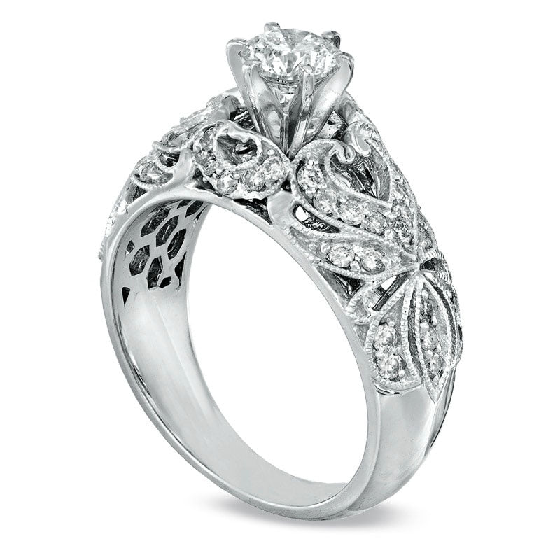 1.0 CT. T.W. Natural Diamond Filigree Engagement Ring in Solid 14K White Gold