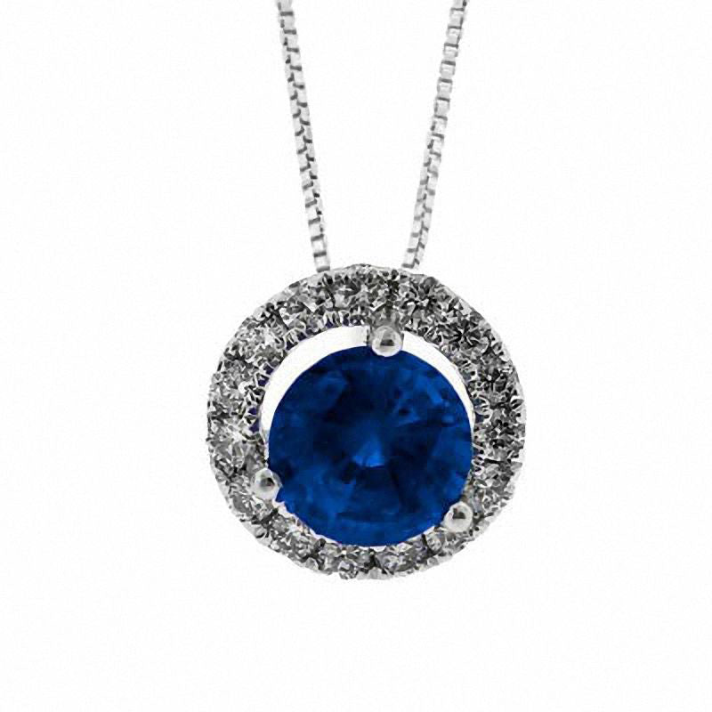 5.0mm Blue Sapphire and 0.14 CT. T.W. Natural Diamond Frame Pendant in Sterling Silver