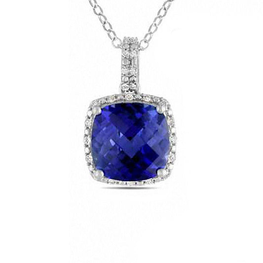 Cushion-Cut Lab-Created Blue Sapphire and 0.1 CT. T.W. Diamond Frame Pendant in Sterling Silver