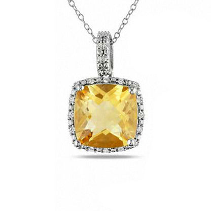 Cushion-Cut Citrine and 0.1 CT. T.W. Natural Diamond Frame Pendant in Sterling Silver