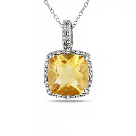 Cushion-Cut Citrine and 0.1 CT. T.W. Natural Diamond Frame Pendant in Sterling Silver