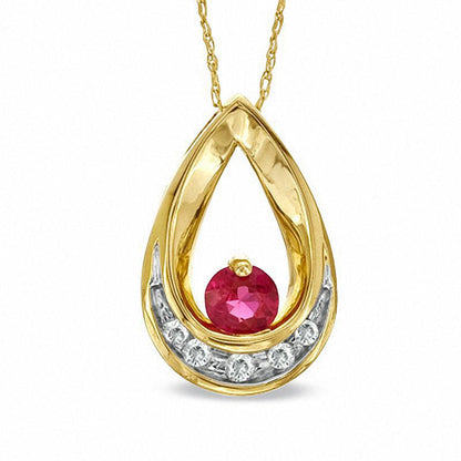 Lab-Created Ruby and Diamond Accent Teardrop-Shaped Pendant in 10K Yellow Gold