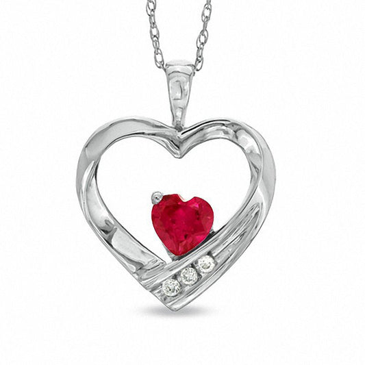 Heart-Shaped Lab-Created Ruby and Diamond Accent Heart Pendant in 10K White Gold
