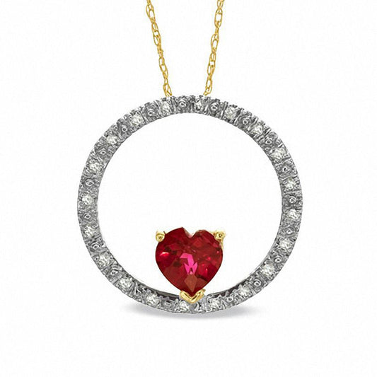Heart-Shaped Lab-Created Ruby and 0.1 CT. T.W. Diamond Circle Pendant in 10K Yellow Gold