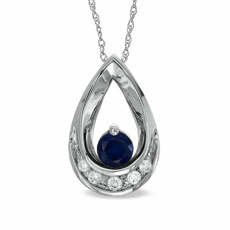 Lab-Created Blue Sapphire and Diamond Accent Teardrop Pendant in 10K White Gold