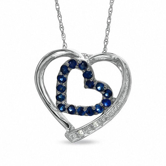 Blue Sapphire and Natural Diamond Accent Double Heart Pendant in 10K White Gold