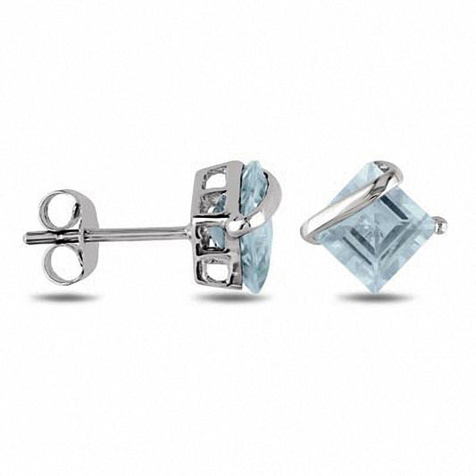 Princess-Cut Aquamarine Overlay Stud Earrings in 10K White Gold