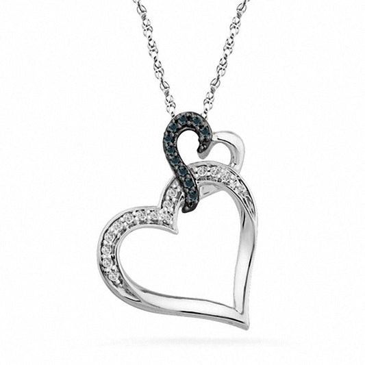 Enhanced Blue and White Natural Diamond Accent Tilted Double Heart Pendant in Sterling Silver