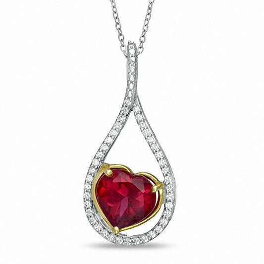 Heart-Shaped Lab-Created Ruby and 0.25 CT. T.W. Diamond Pendant in Sterling Silver
