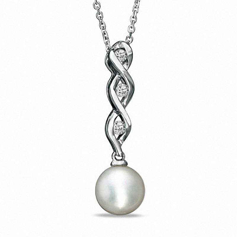 7.0mm Cultured Freshwater Pearl and Lab-Created White Sapphire Swirl Pendant in Sterling Silver