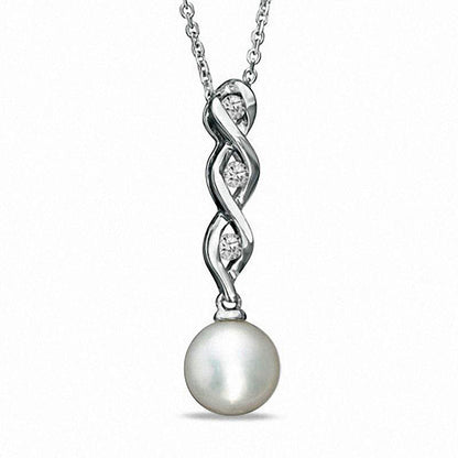 7.0mm Cultured Freshwater Pearl and Lab-Created White Sapphire Swirl Pendant in Sterling Silver