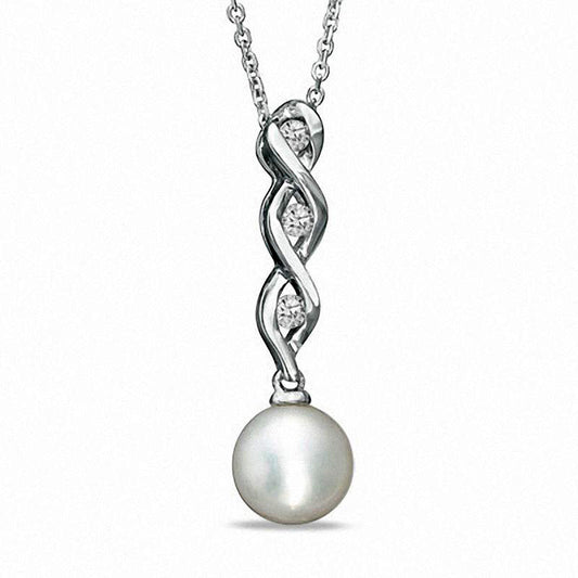 7.0mm Cultured Freshwater Pearl and Lab-Created White Sapphire Swirl Pendant in Sterling Silver