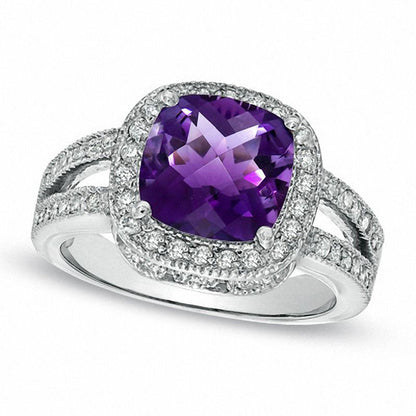 Cushion-Cut Amethyst and 0.50 CT. T.W. Natural Diamond Frame Ring in Solid 14K White Gold
