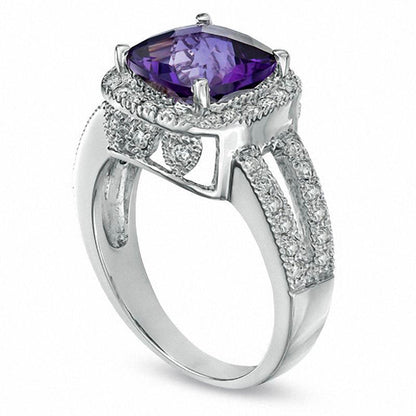 Cushion-Cut Amethyst and 0.50 CT. T.W. Natural Diamond Frame Ring in Solid 14K White Gold