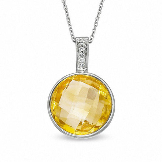 12.0mm Checkerboard Citrine and Natural Diamond Accent Pendant in Sterling Silver