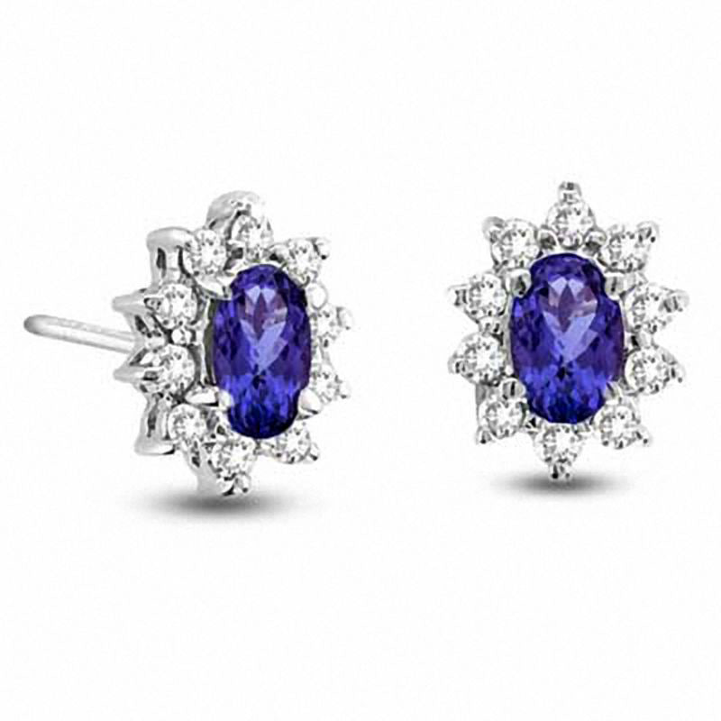 Oval Tanzanite and 0.33 CT. T.W. Diamond Frame Stud Earrings in 14K White Gold